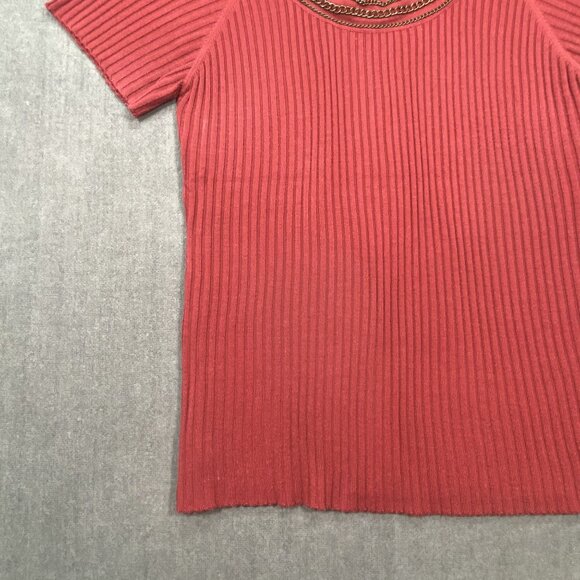 RQT Ribbed Maroon Knit Short Sleeve Top With Chain Neckline Accent Womens XL - Picture 7 of 10